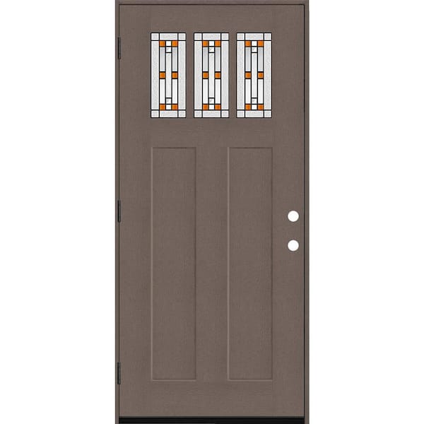 Steves & Sons Regency 36 in. x 80 in. 3-Lite Amberton Decorative Glass RHOS Ashwood Stain Fir Grain Fiberglass Prehung Front Door