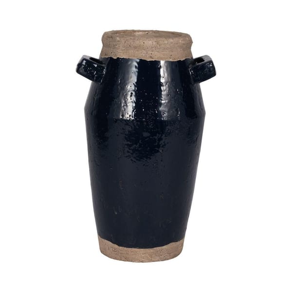 Liv & Skye 14 in. Blue Terra Cotta Cylinder Squared Handle Decorative Vase