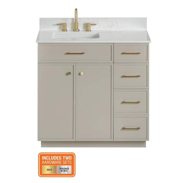 Marcote 36 in. Single Sink Greige Bath Vanity with White Volakas Engineered Marble Top (Assembled)