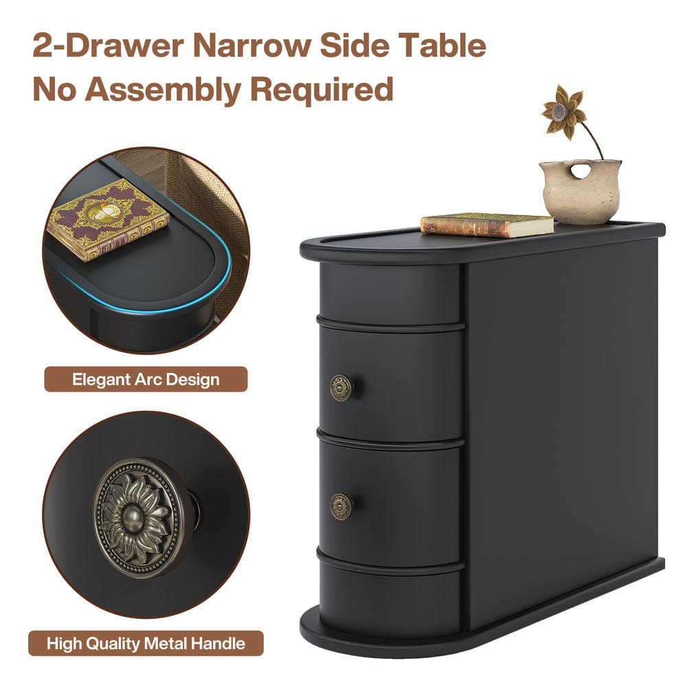 Black Wooden Slim Nightstand with 2 Drawers