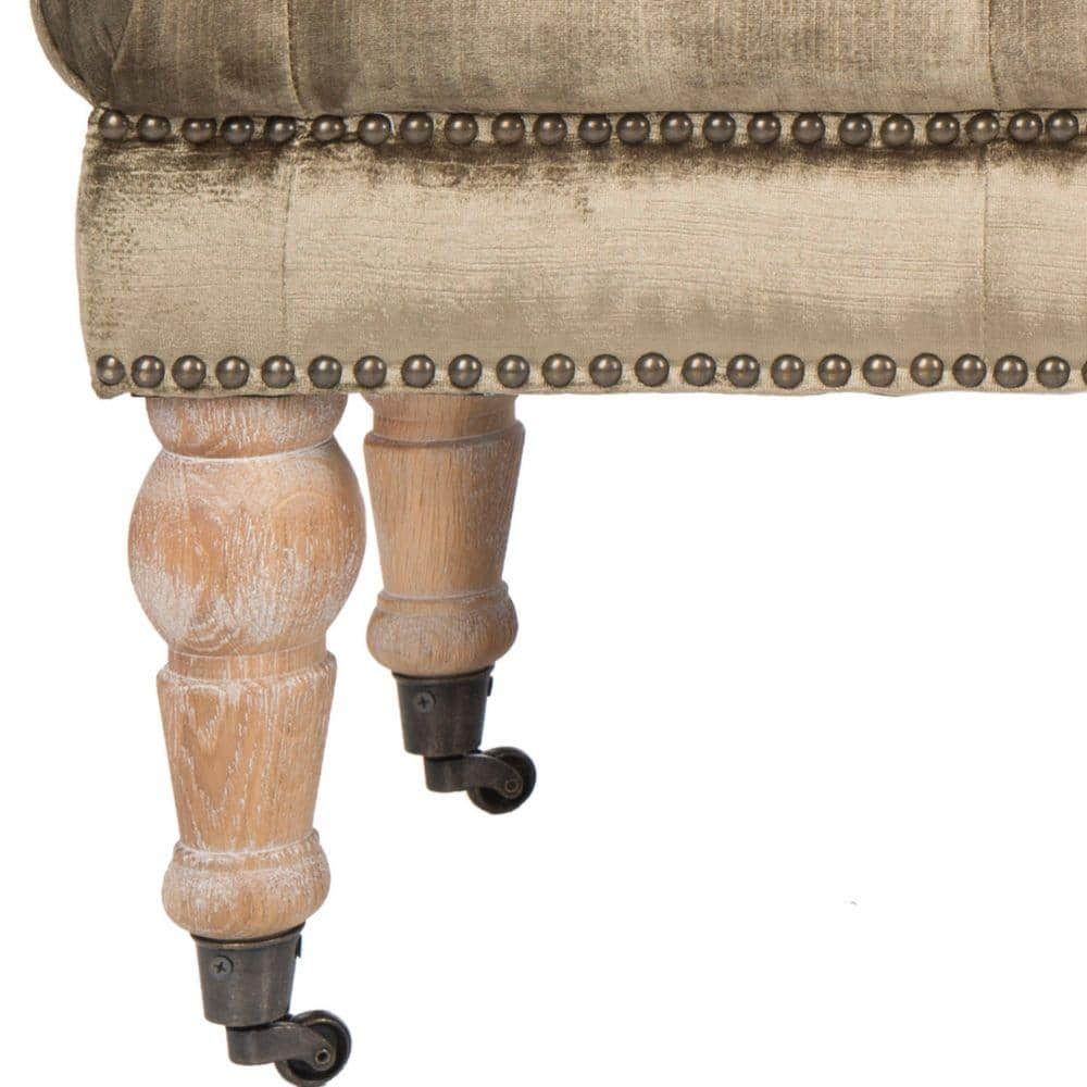 Transitional Tufted Antique Sage Bench with Brass Nail Heads and Oak Legs