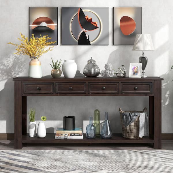 Entryway Hallway Tables 14 in. Rectangle Brown Wood Console Table 4-Drawers and Slatted Bottom Shelf