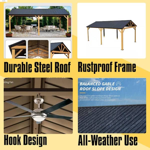 12 ft. x 20 ft. Hardtop Gazebo, Galvanized Steel Gable Roof Gazebo Pergola with Wood Grain Aluminum Frame