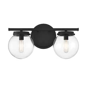 16 in. W x 8 in. H 2-Light Matte Black Bathroom Vanity Light with Clear Glass Shades