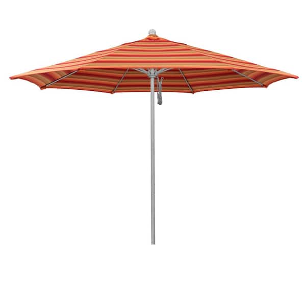11 ft. Grey Woodgrain Aluminum Market Patio Umbrella with Fiberglass Ribs Pulley Lift in Astoria Sunset Sunbrella