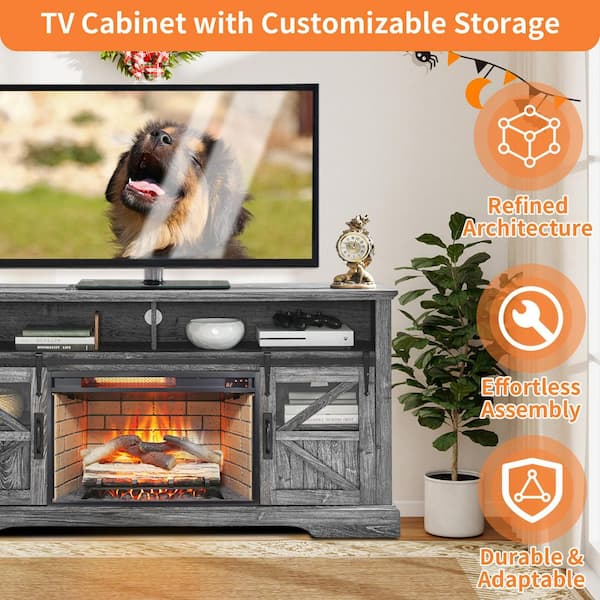 60 in. Freestanding Electric Fireplace TV Stand with 26 in. Fireplace Insert, Tempered Glass Front, Remote, Gray