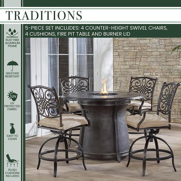Hanover Traditions 5 Piece Aluminum Bar, Patio Fire Pit Set