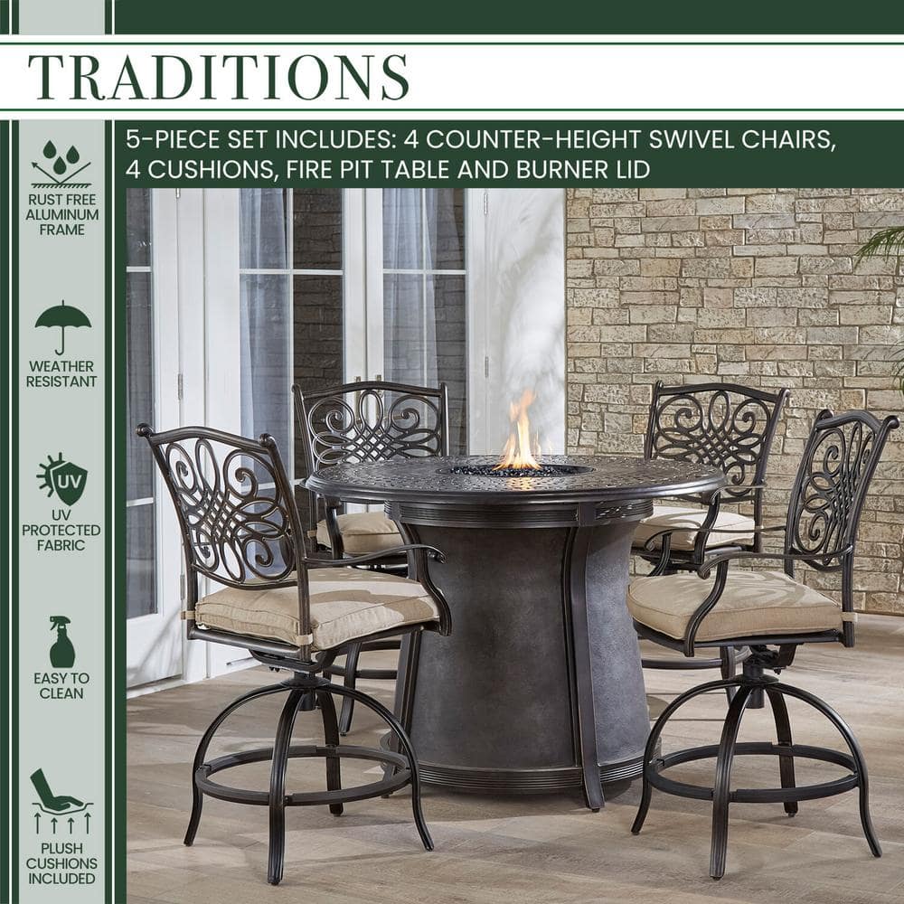 Tan Elegance 48" Aluminum High-Dining Fire Pit Set with 4 Swivel Chairs