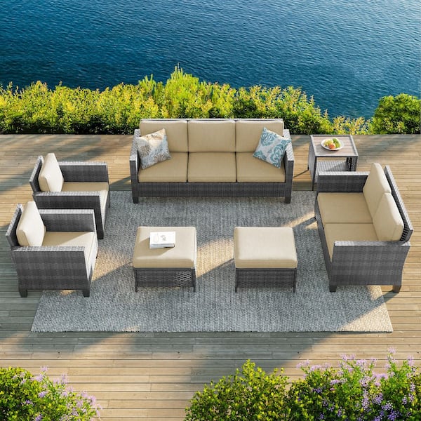 7-Pieces Patio Conversation Set with Side Table, Loveseat Sofa and Ottomans Gray Wicker with Beige Cushions