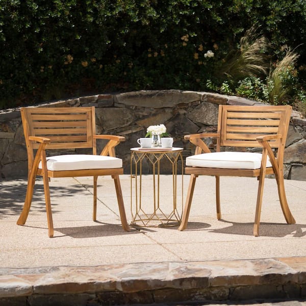 Hermosa Teak Finish Acacia Wood Outdoor Dining Chair with Cream Cushions Set of 2