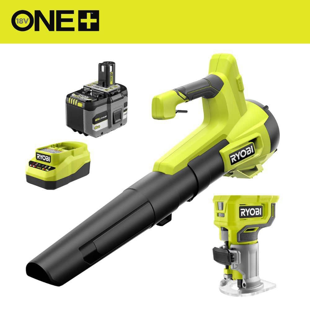 RYOBI ONE+ 18V 100 MPH 350 CFM Cordless Battery Leaf Blower with 6.0 Ah Battery, Charger, and FREE ONE+ Compact Router (PCLLB01KSB-PCL)