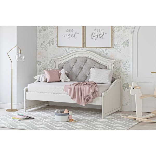 Realyn White Wood Frame Twin Platform Bed with Upholstery