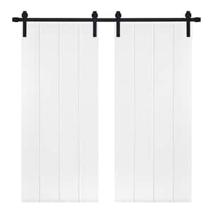 Double Modern Vertical Line Pattern 48 in. x 84 in. MDF Panel White Painted Sliding Barn Door with Hardware Kit