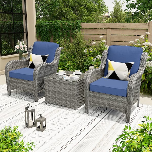 Polar 3-Piece Gray Wicker Patio Conversation Set with Denim Blue Cushions and Coffee Table