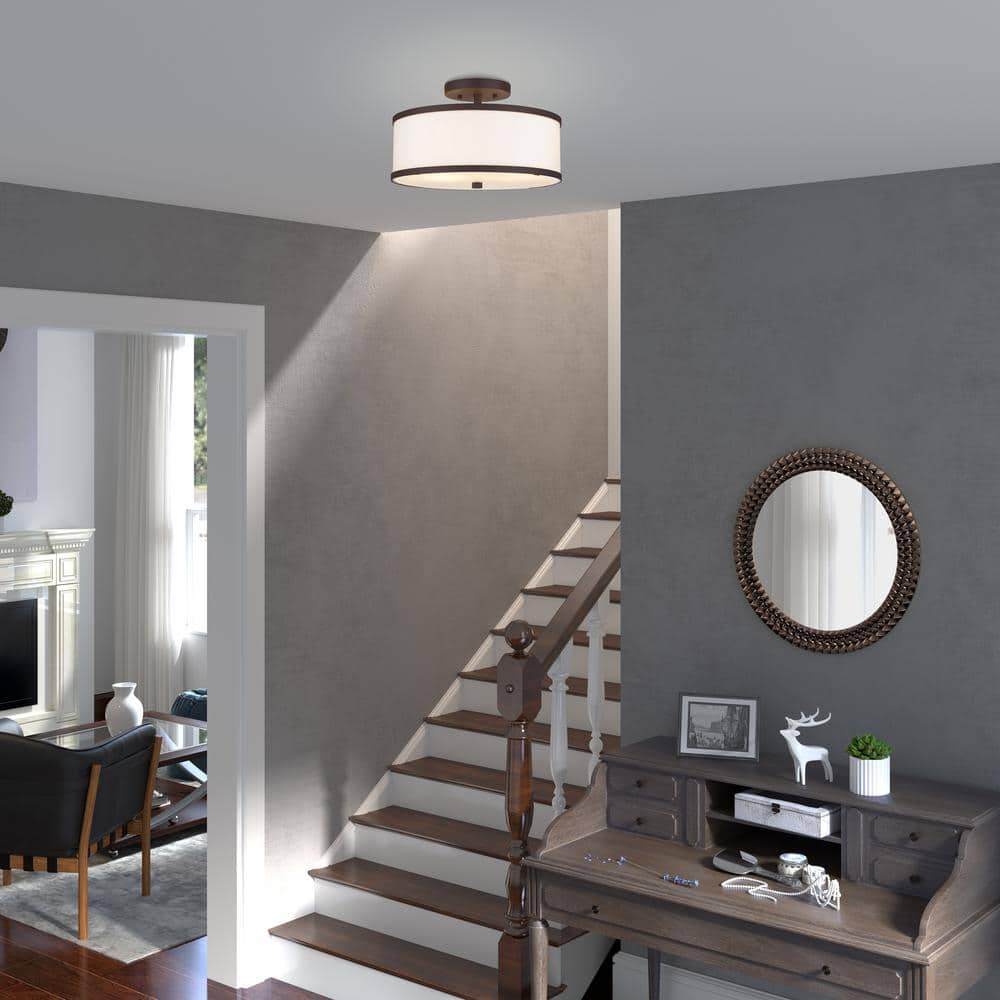Bronze 2-Light Drum Ceiling Mount with Off-White Fabric Shade