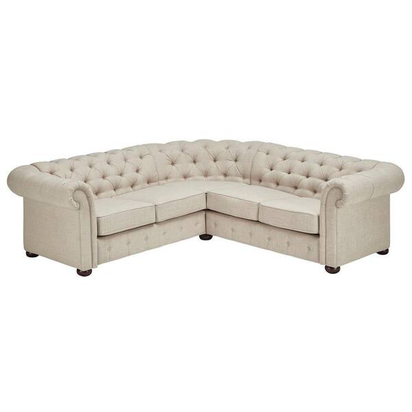 HomeSullivan Radcliffe Oatmeal Linen 6-Seater L-Shaped Chesterfield Sectional Sofa with Wood Legs