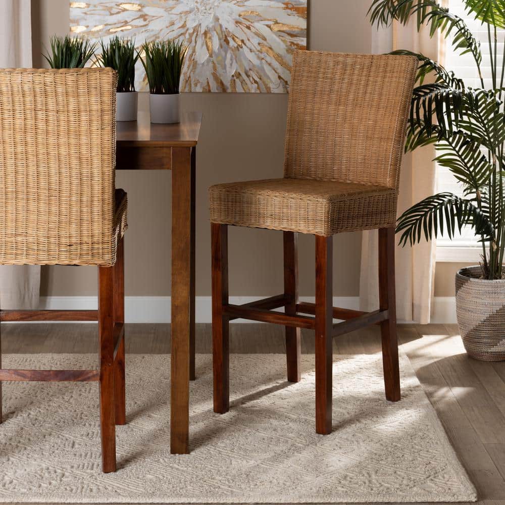 Racquel Natural Rattan and Mahogany Wood Bar Stool with Ergonomic Footrests