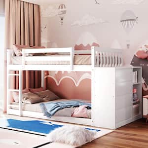 White Twin over Twin Wood Frame Bunk Bed with Cabinet Including 4 Drawers and 3 Shelves, Built-in Ladder
