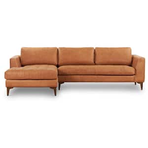 Calle 114 in. Square Arm L-Shape Leather Left-Facing Sectional in Brown Cognac Tan and Wood Legs