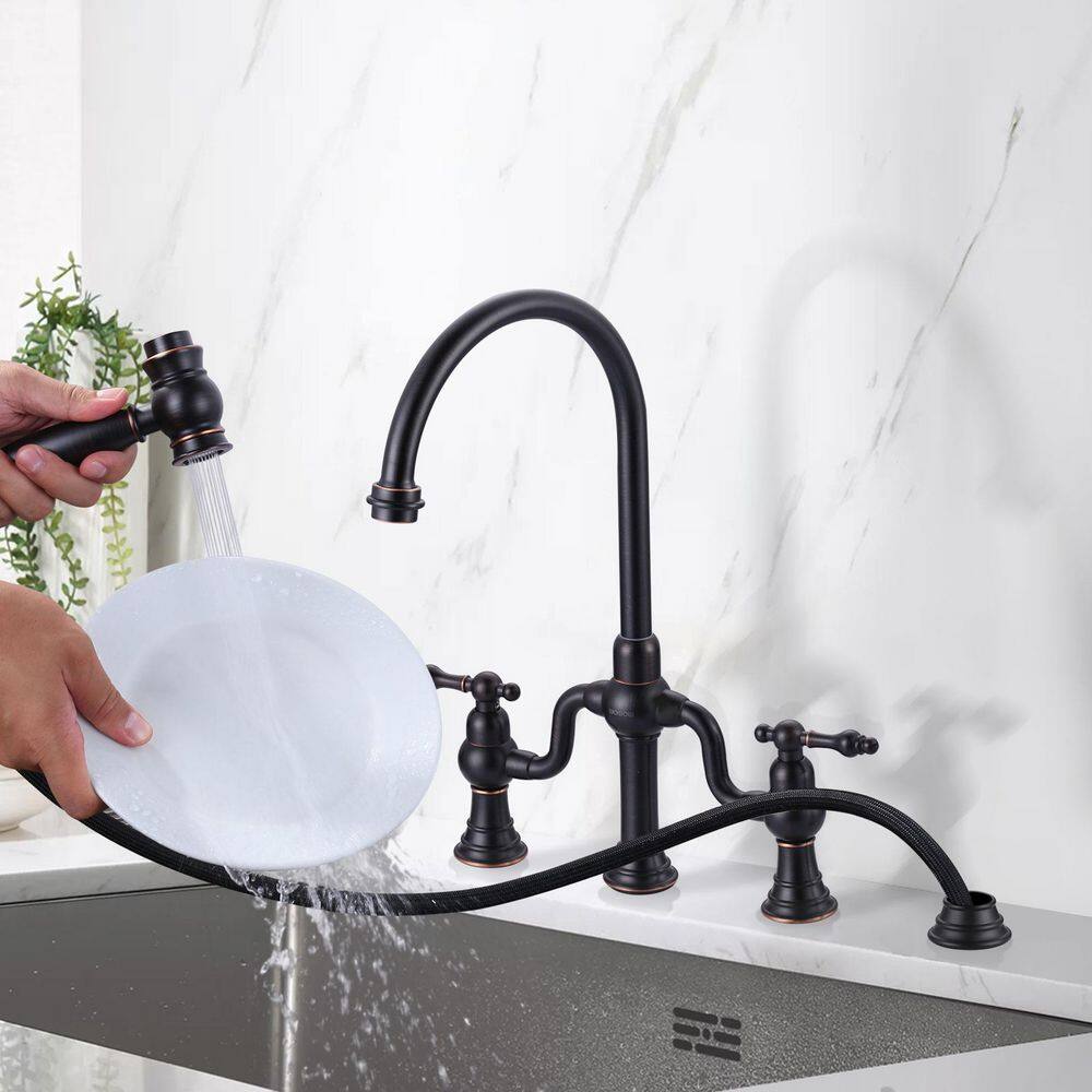 Oil Rubbed Bronze Double Handle High-Arc Widespread Kitchen Faucet with Pull-out Spray