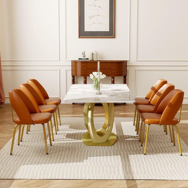 Orange PU Leather Dining Chairs with Gold Stainless Steel Legs (Set of 6)