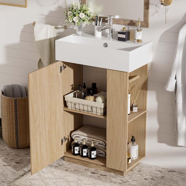 21.6 in. Single Sink Brown Bath Vanity with White Ceramic Top and Right Open Shelf, Paper Towel Holder, Unassembled
