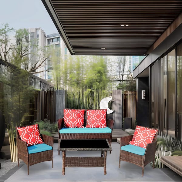 Brown Wicker Outdoor 4-Piece Sectional Set with Emerald Green Cushions Checkered Pillows and Table