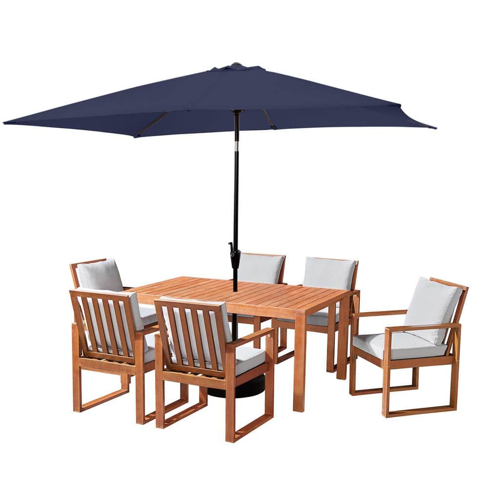Alaterre Furniture 8 Piece Set, Weston Wood Outdoor Dining Table Set with 6 Cushioned Chairs, 10-Foot Rectangular Umbrella Navy