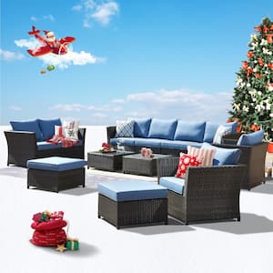 Mesa Brown 12-Piece No Assembly Wicker Outdoor Patio Conversation Sofa Set with Sky Blue Cushions