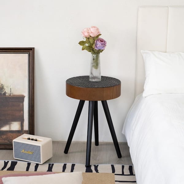 Tappen 15.75 in. Brown Round Wood End Table, Modern Accent Nightstand with Solid Wood Legs