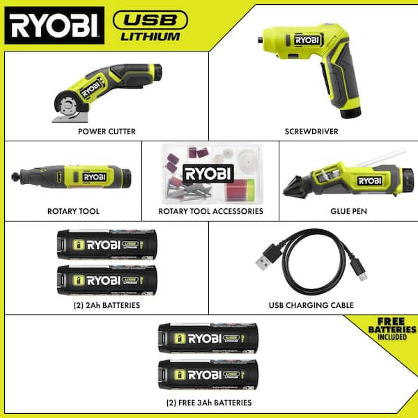 USB Lithium 4Tool Combo Kit w/Screwdriver, Glue Pen, Rotary Tool, Power Cutter, Batteries, Charger &(2) 3.0 Ah Batteries