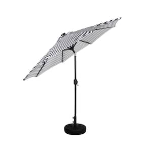 Marina 9 ft. Solar LED Market Patio Umbrella with Black Round Free Standing Base in Black/White Stripe