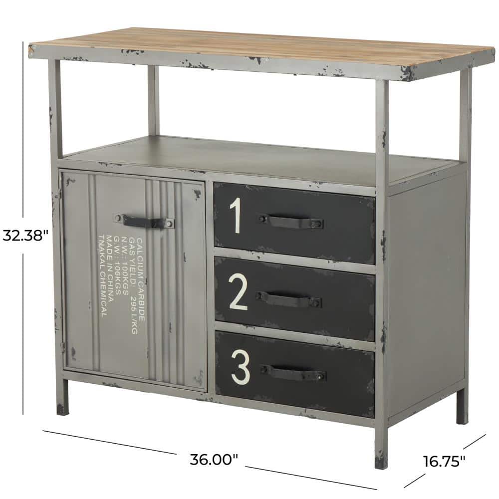 Gray Industrial Metal Cabinet with Wood Top and Drawers