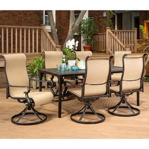 Brigantine 7-Piece Aluminum Outdoor Dining Set with a 40 in. x 70 in. Cast-Top Dining Table and 6-Sling Swivel Rockers