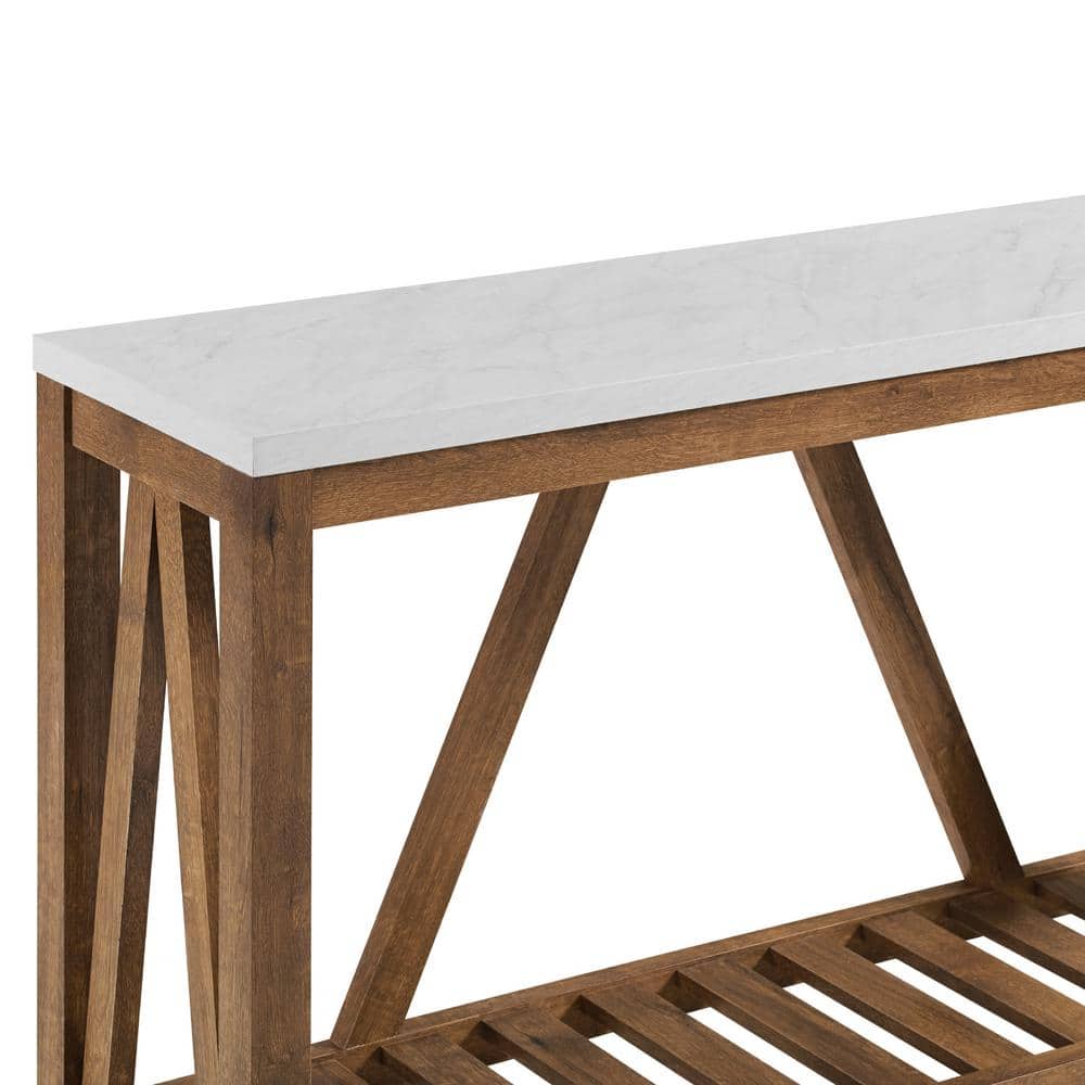 Farmhouse Charm 52" Walnut Wood Console Table with Marble Finish and Storage