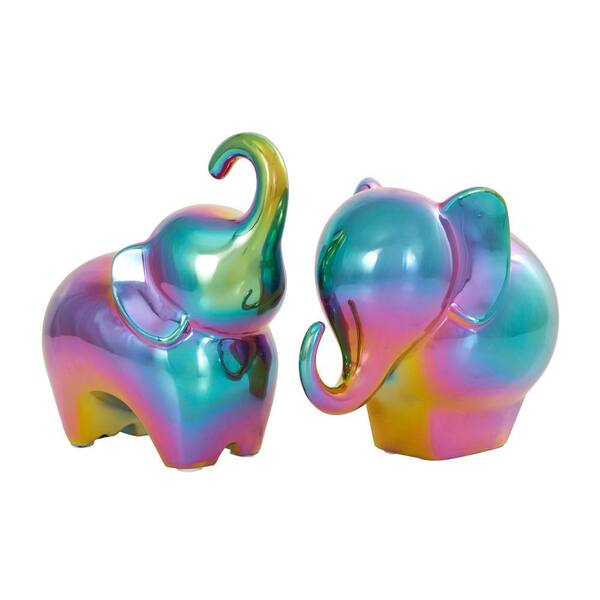 Litton Lane Multi Colored Ceramic Elephant Sculpture with Rainbow Shimmer Finish (Set of 2)