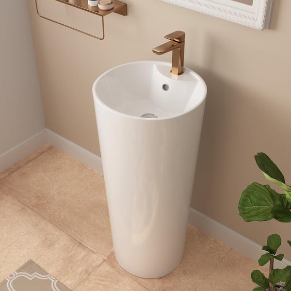 15.75 in. W x 15.75 in. D Circular Ceramic Bathroom Pedestal Sink in Glossy White with Single Faucet Hole and Overflow
