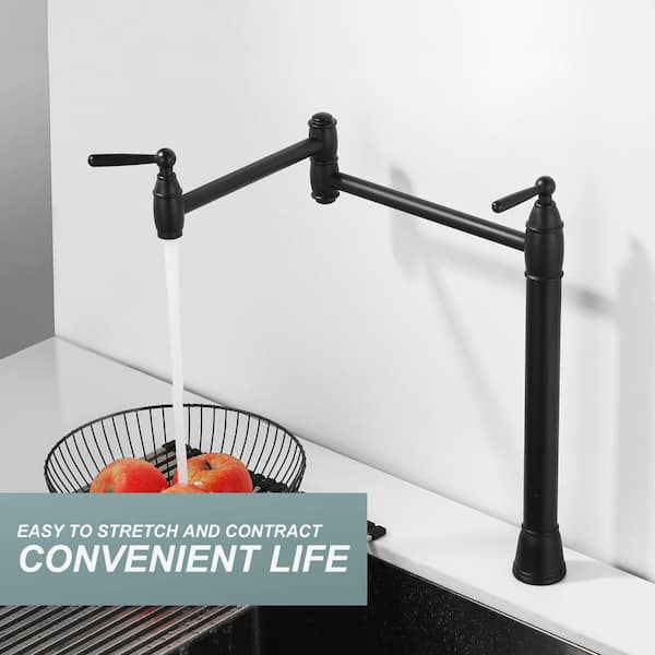 Brass Deck Mount Pot Filler Faucet with 2-Handles and Supply Line Folding Island Faucet in Matte Black