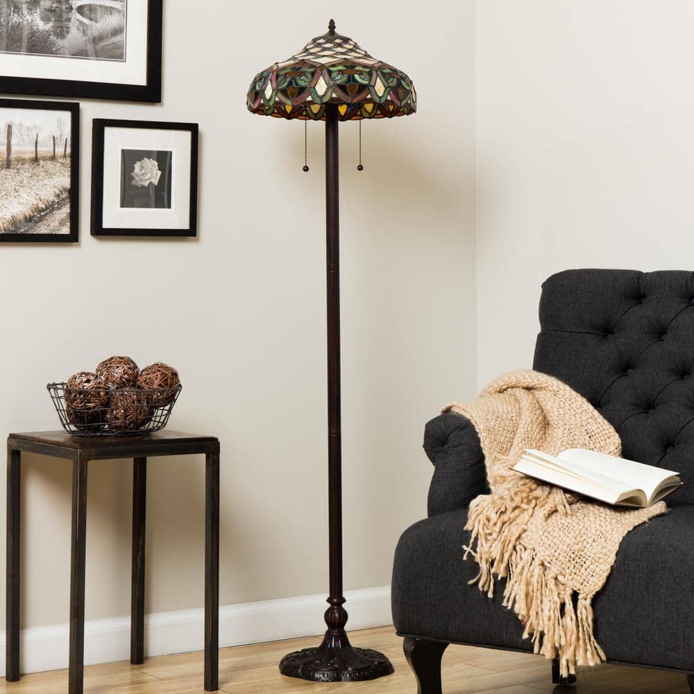 Antique Bronze Stained Glass Floor Lamp with Pull Chain Switch