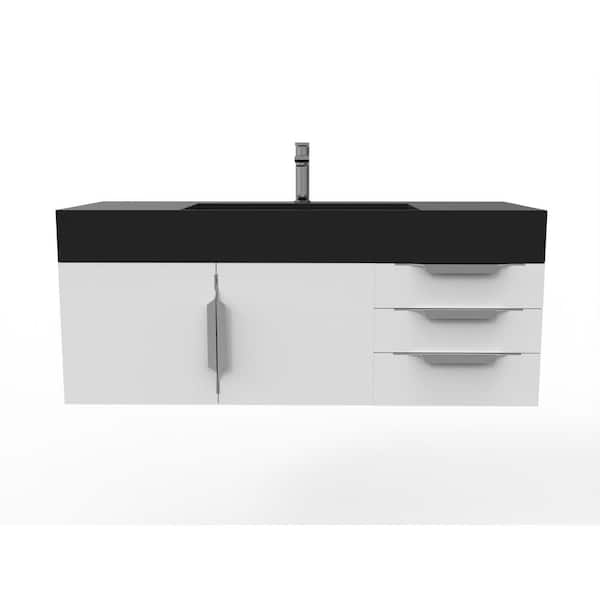 castellousa Maranon 48 in. W x 19 in. D x 19.25 in. H Single Bath Vanity in Matte White with Chrome Trim and Black Solid Surface Top