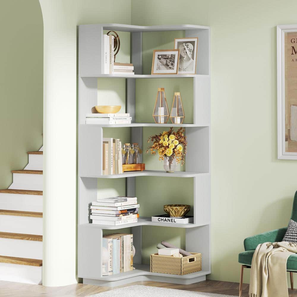 Silver Gray 65" Particle Board 6-Tier Corner Bookshelf with Anti-Drop Panel
