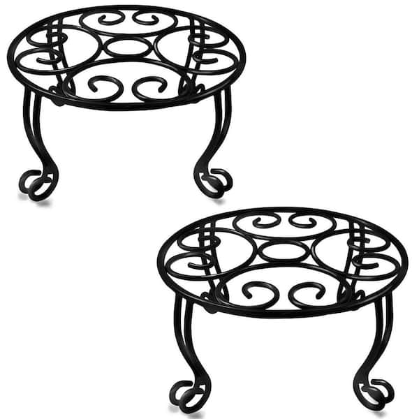 6 in. H x 11.8 in. W x 11.8 in. D Round Black Indoor/Outdoor Heavy Duty Iron Plant Stand (2-Pack)