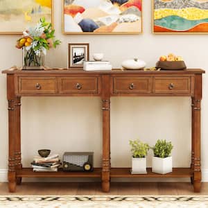 58 in. L Antique Walnut Rectangle Solid Wood Console Table with Drawers and Long Shelf