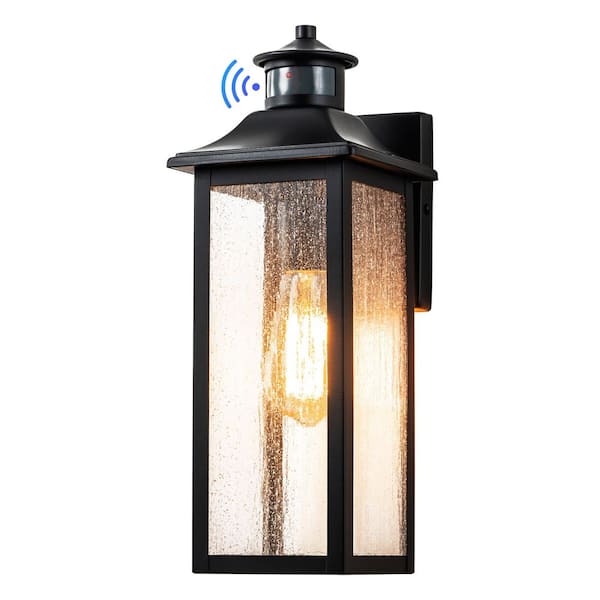 C Cattleya Black Motion Sensing Dusk to Dawn Outdoor Hardwired Wall Lantern Sconce with Seeded Glass Shade and No Bulbs Included
