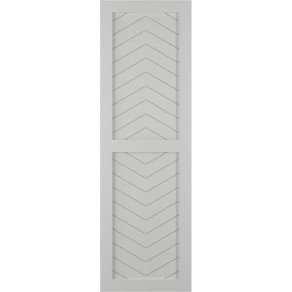 Ekena Millwork 15 in. x 40 in. Flat Panel True Fit PVC Two Panel Chevron Modern Style Fixed Mount Shutters Pair in Hailstorm Gray