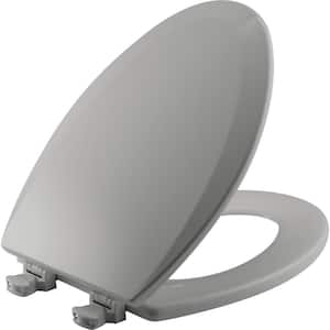 Elongated Closed Front Enameled Wood Toilet Seat in Silver Removes for Easy Cleaning