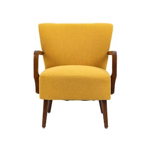 Modern Musterd Yellow Linen Wood Frame Accent Chair
