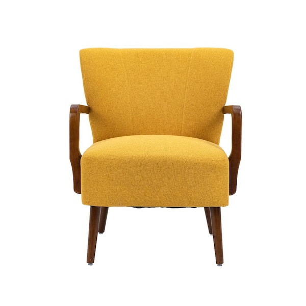 HOMEFUN Modern Musterd Yellow Linen Wood Frame Accent Chair