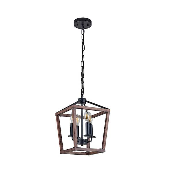 Unbranded Country Wood Style 4-Light Wood Brush Lantern Pendant Light