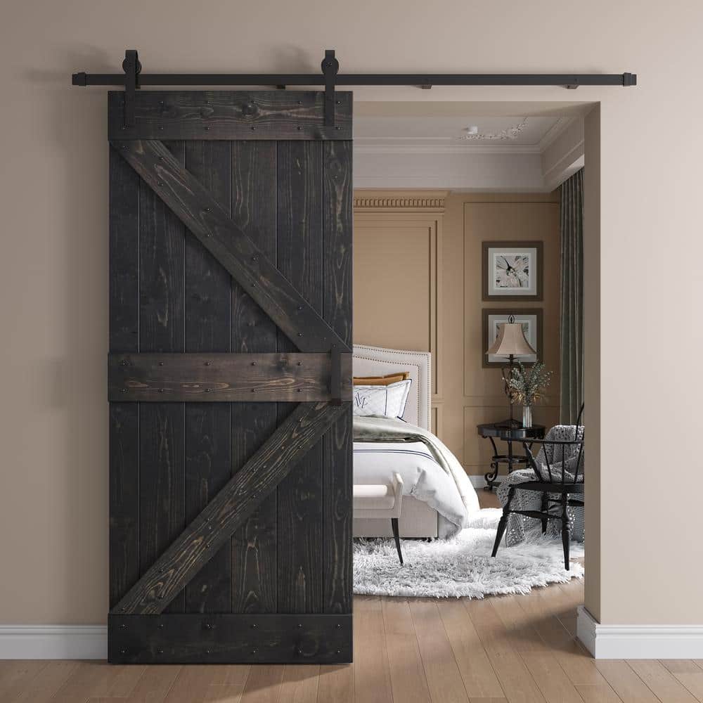 Ebony 36" x 84" Knotty Pine Wood Sliding Barn Door with Metal Hardware Kit